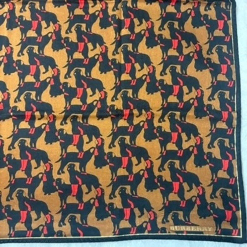 Vtg BURBERRY Scarf Handkerchief Dog Motif Tan Black Red 19